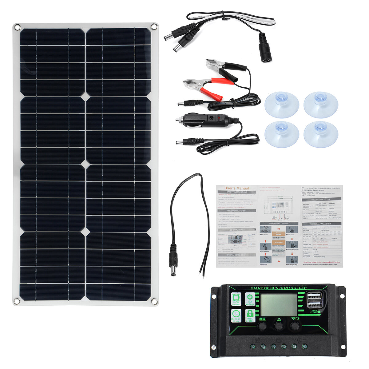 

250W Max Portable Solar Panel Kit Dual DC USB Charger Kit Single Crystal Semi-flexible Solar Power Panel w/ 60A/100A Sol