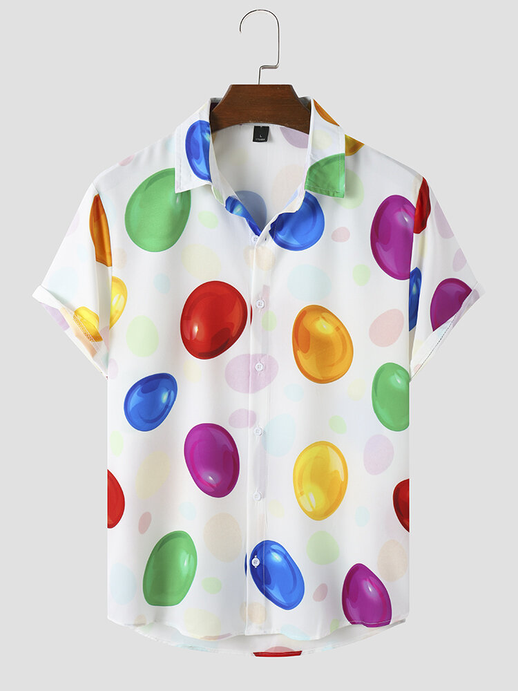 Men Allover Easter Eggs Graphic Front Buttons Hem Cuff Curved Hem Casual Shirts