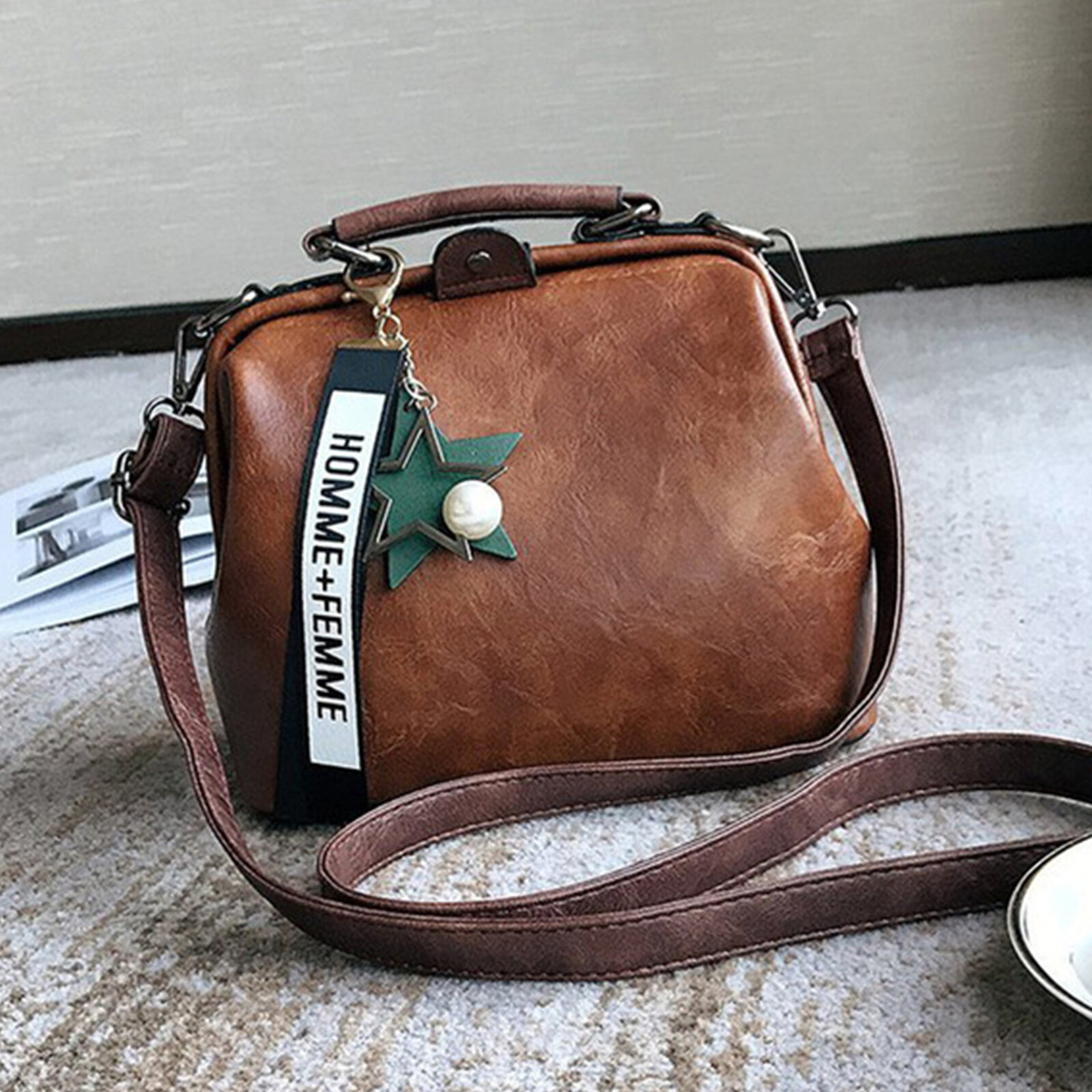 Women Artificial Leather Vintage Large Capacity Crossbody Bag Convertible Strap Retro Handbag