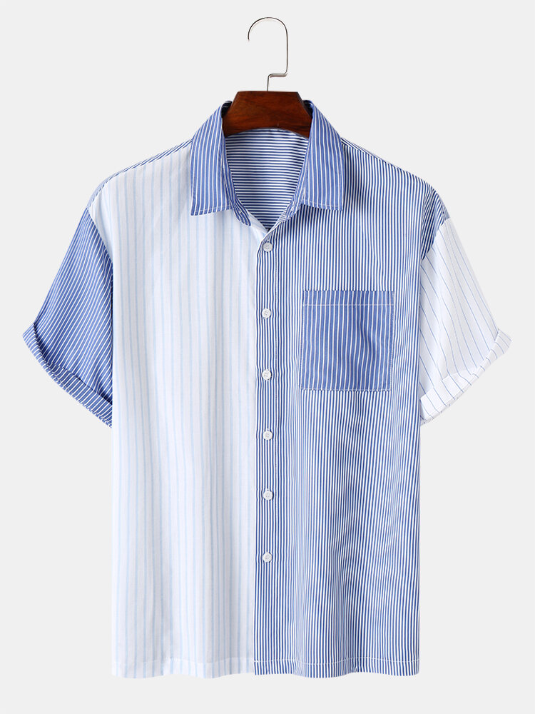 Camisas masculinas combinadas multi listradas patchwork soltas manga curta