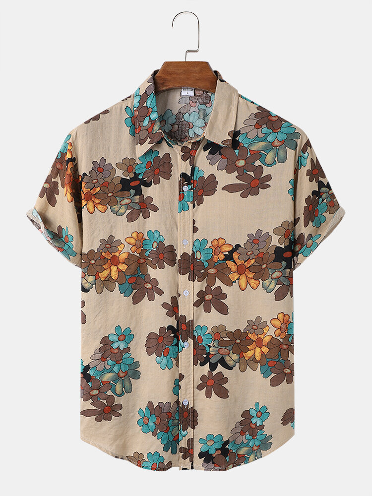 Mens Floral Print Button Front Holiday Short Sleeve Shirts
