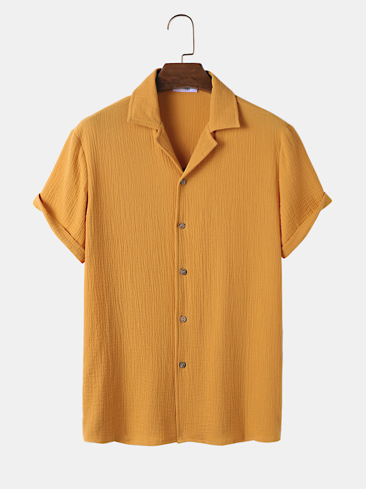 Mens Seersucker Revere Collar Solid Cotton Short Sleeve Shirts