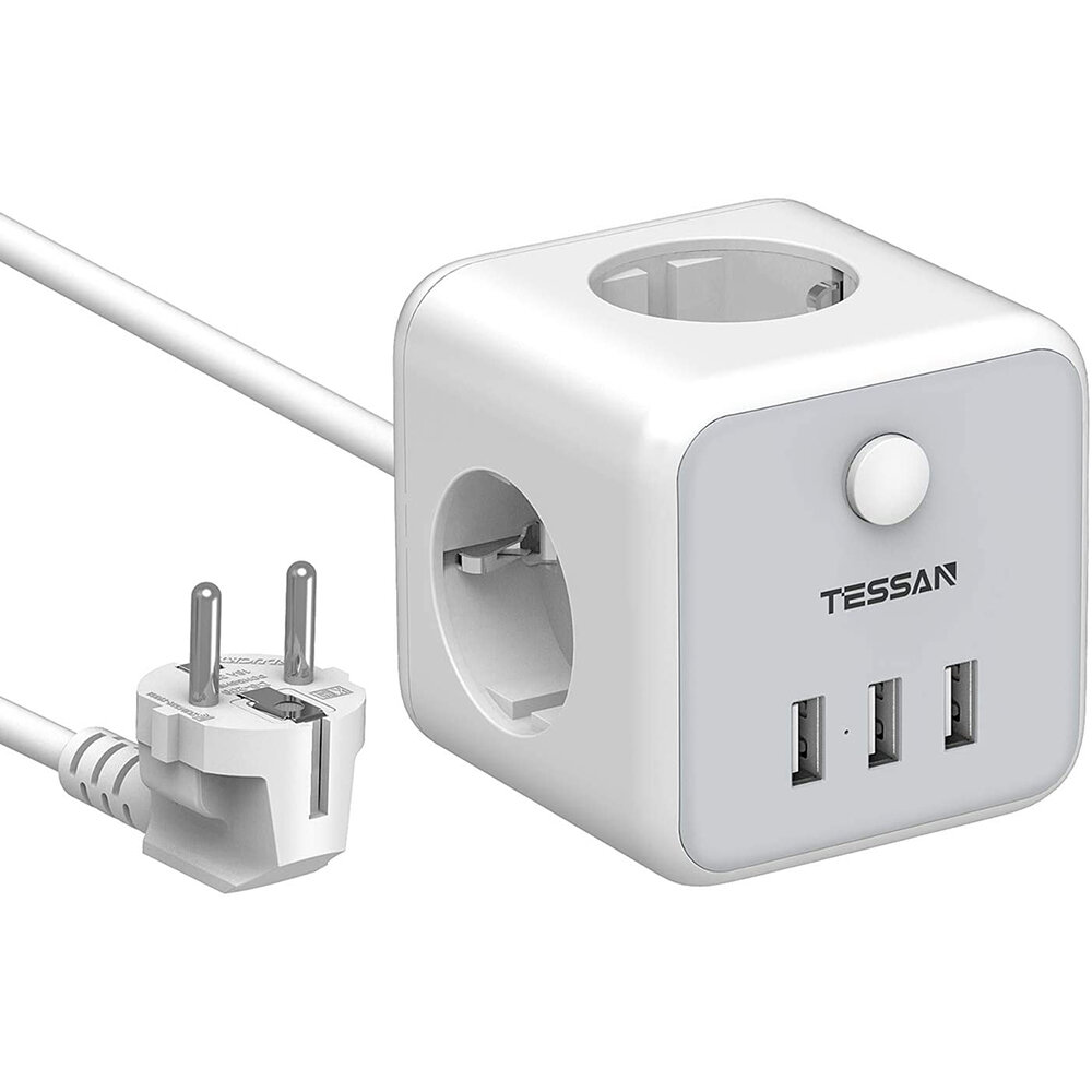 TESSAN TS-301-DE 6-in-1 2500W Wired German/EU Wall Socket Power Strip with 3 AC Outlets/3 USB Charger Adapter Overload P