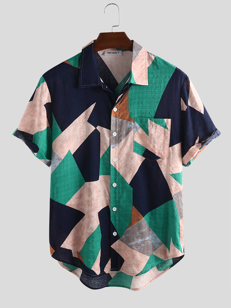 Image of Mens Cotton Irregular Geometric Print Farbblock Patch Pocket Casual Shirts