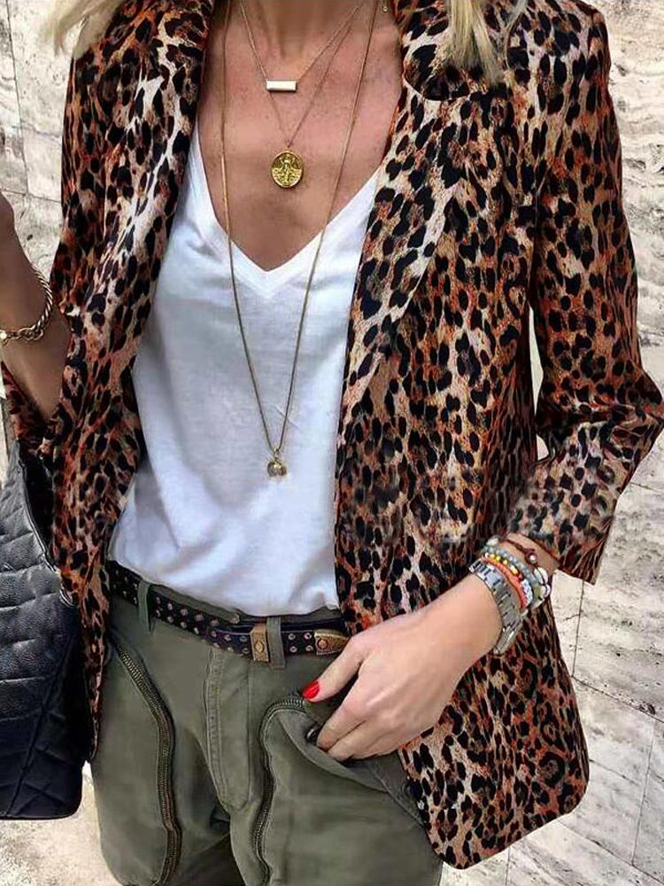 Turn down collar casual loose leopard print blazer coats Sale ...