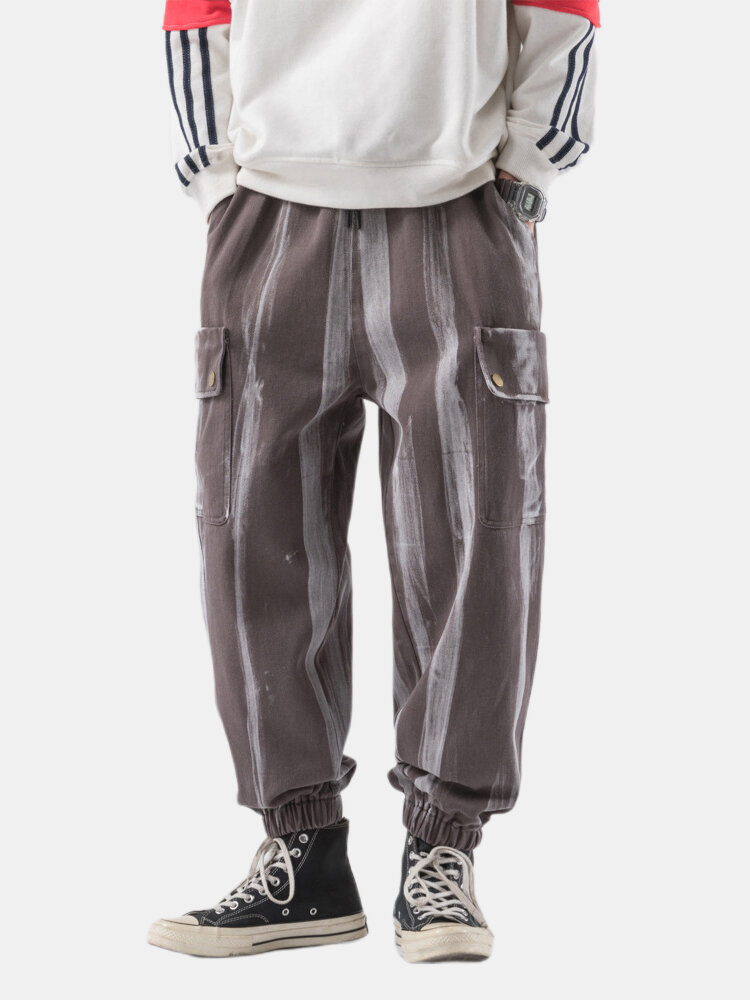 Image of Herrenmode Multi Pockets Elastic Waist Casual Straight Pants
