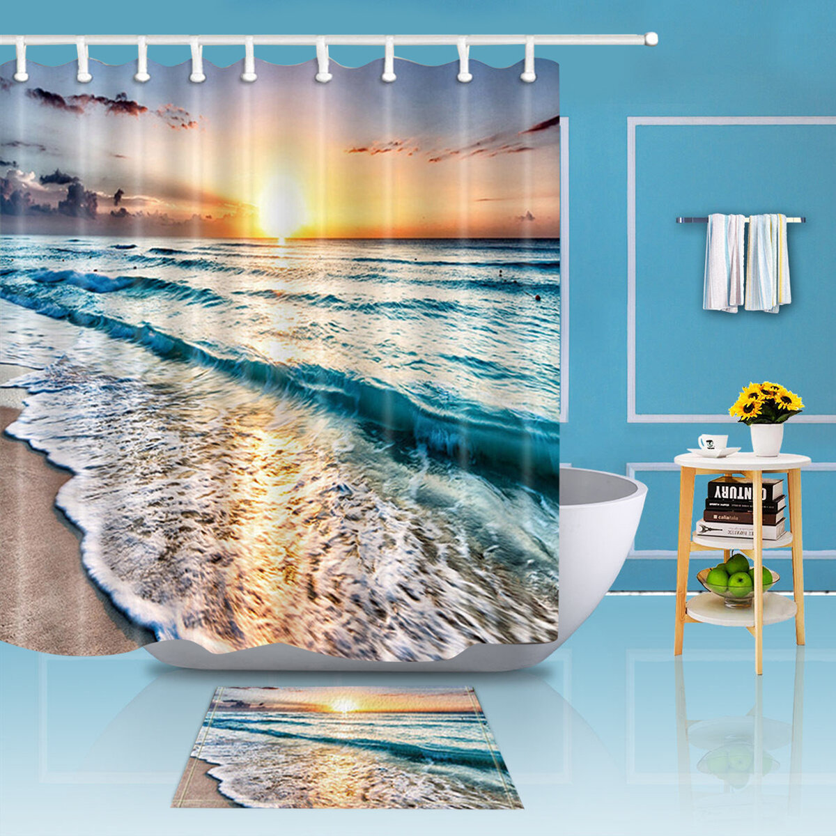 Ocean Beach Sunset Polyester Waterdicht Badkamer Douchegordijn Mat Set Decor