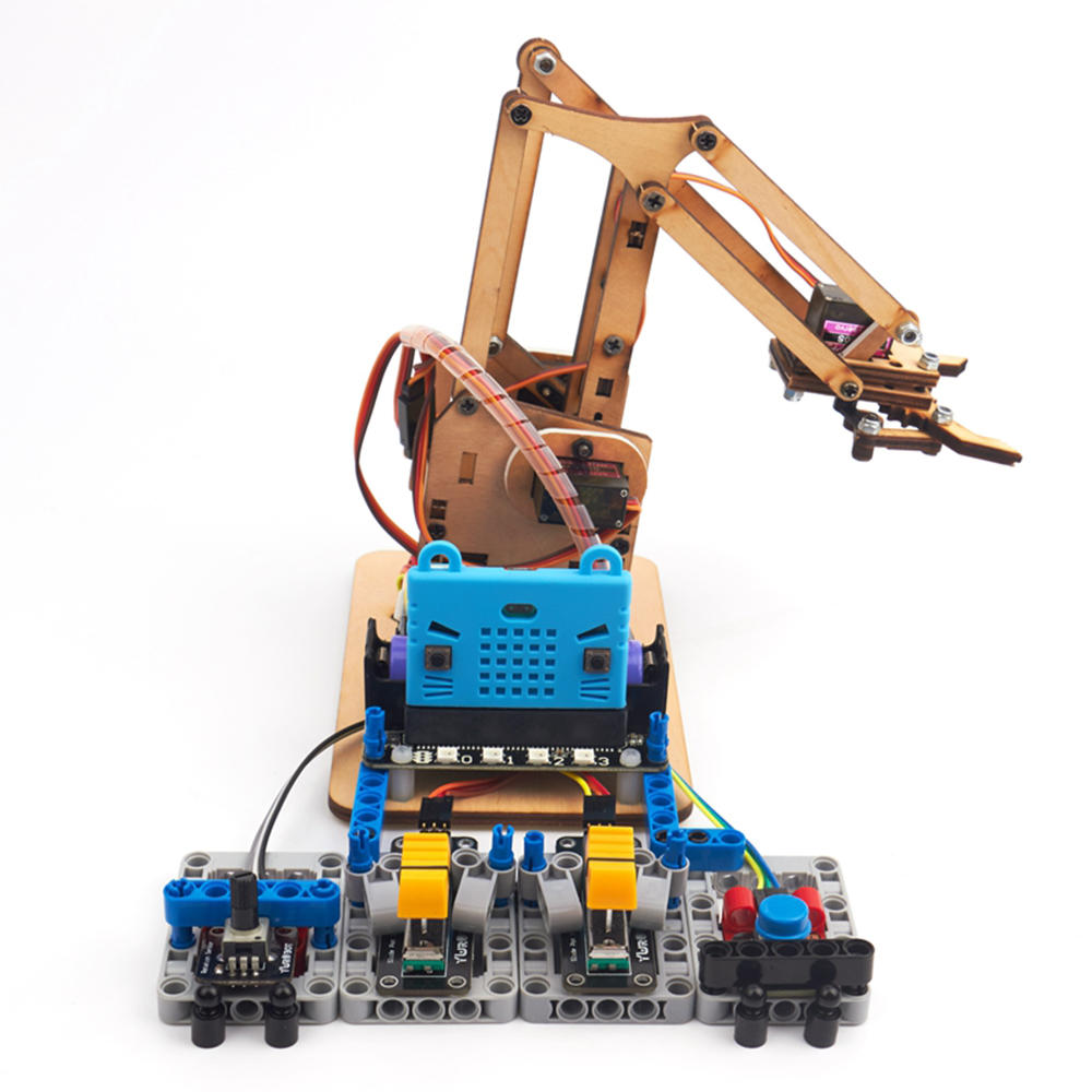 KittenBot Microbit DIY 4DOF Programmeerbare houten Bluetooth-bediening RC Robotarm Educatief pakket