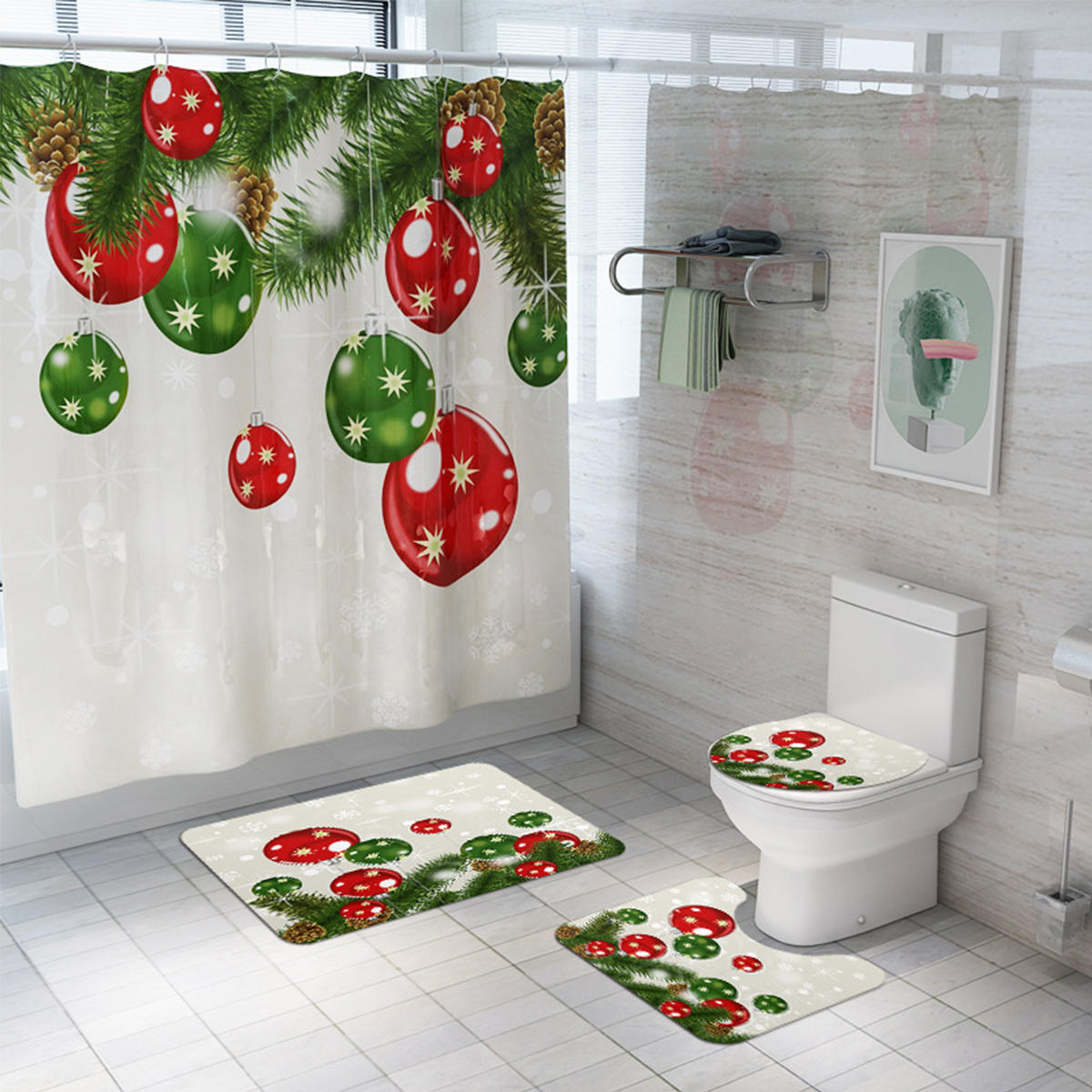 Kerst decoratieve ballon badkamer tapijt douchegordijn skidproof wc deksel deksel badmat tapijt set