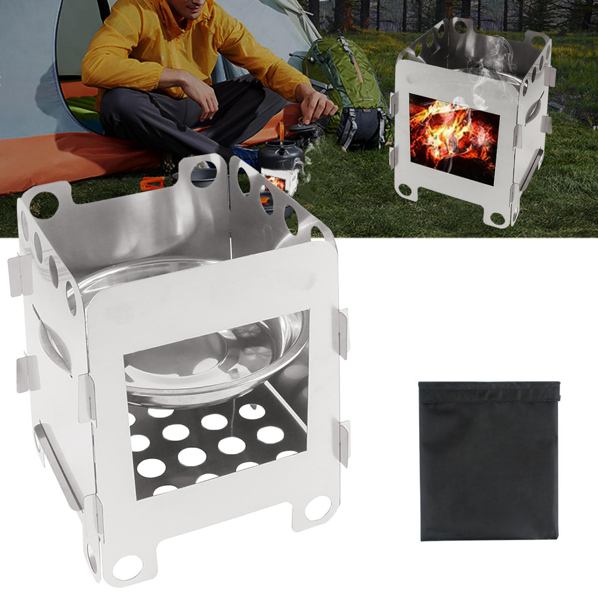 IPRee® Outdoor Portable Holzkochherd Edelstahl Picknick BBQ Brenner Ofen Camping Wandern