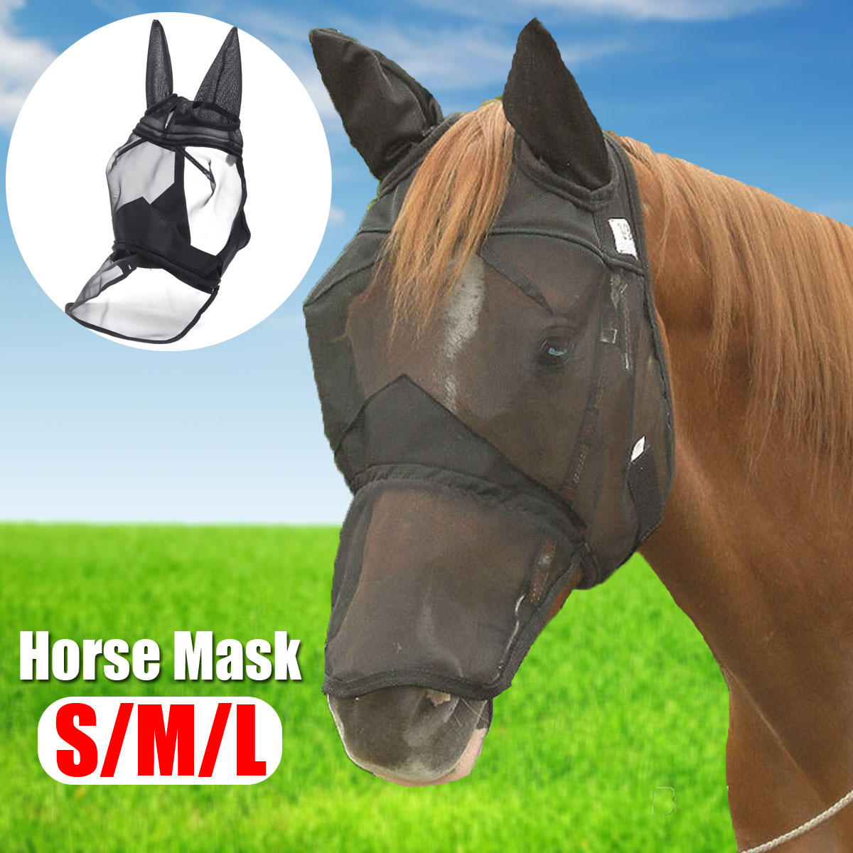 Deluxe paardenvliegmasker met oren Mesh Anti-muggen rits stijl Pony / Cob / volledige paarden sporen