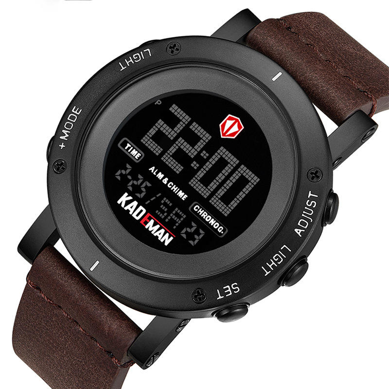 KADEMAN K010 Casual Men Watch Waterproof Luminous Week Date Display LCD Leather Strap Digital Watch