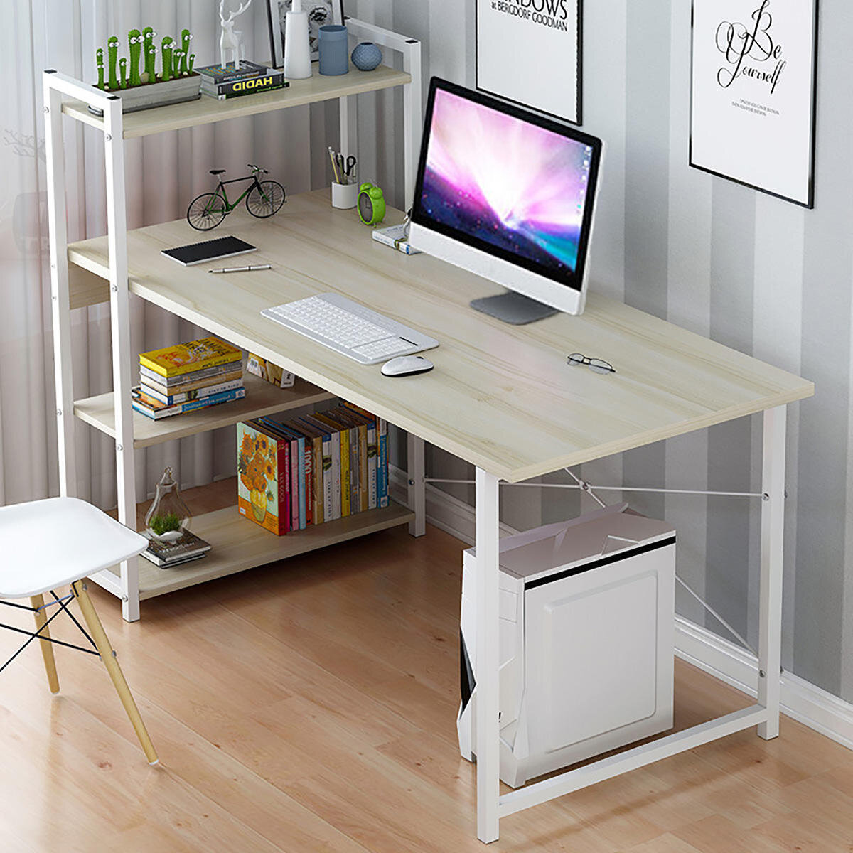 H Shape Computer Laptop Desk 47"L Modern Style CurvedStraight Desktop with 4 Tiers Bookshelf for Home Office Studying