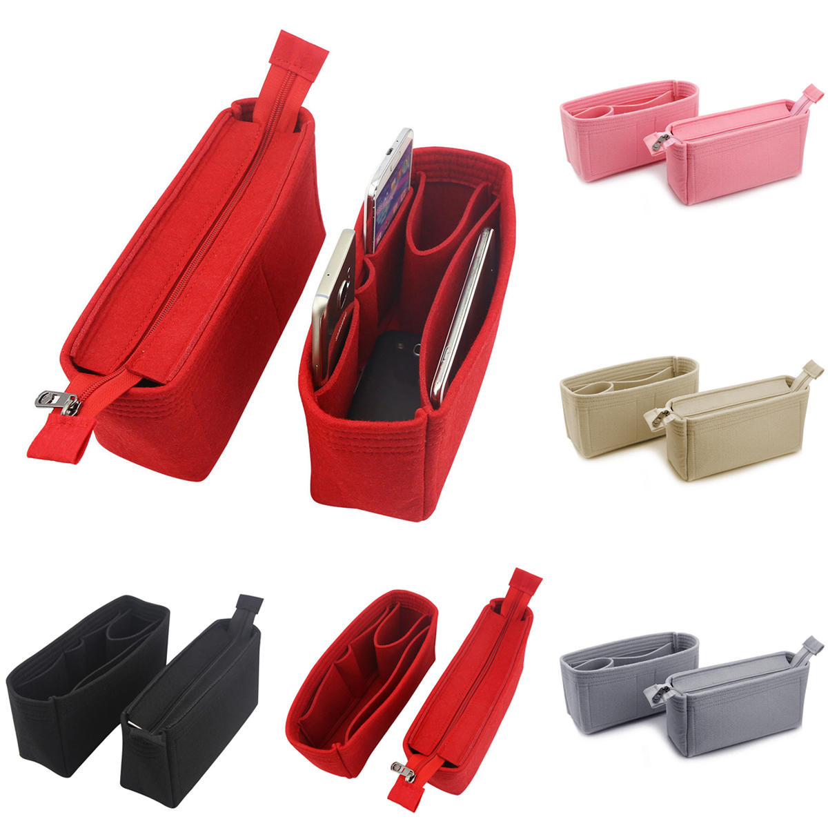 

2Pcs Felt Insert Organizer Bag Handbag Holder Multi Pocket Purse Cosmetic Zipper