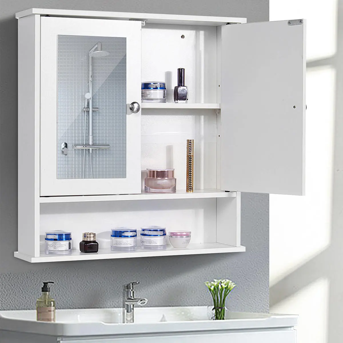 Privmedi Wall-mounted Hanging Bathroom Cabinet Household Storage Cabinet With Mirrors Two Half Doors Design