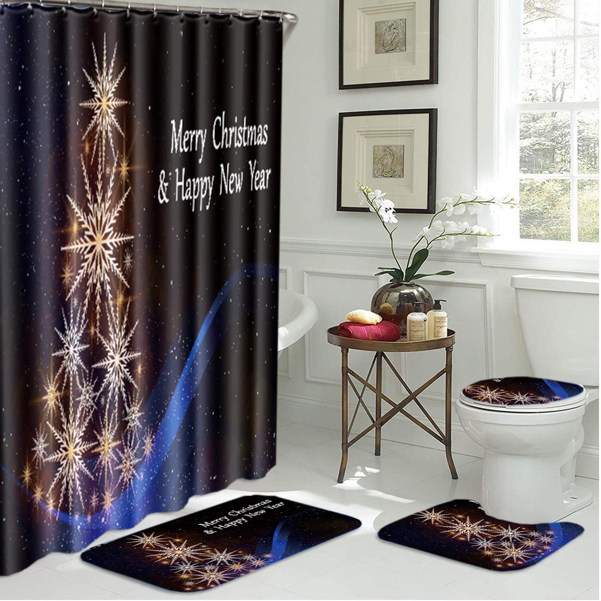 

Bathroom Mat Merry Christmas Decoration Style Floor Mat Covered Toilet Lid Shower Curtain