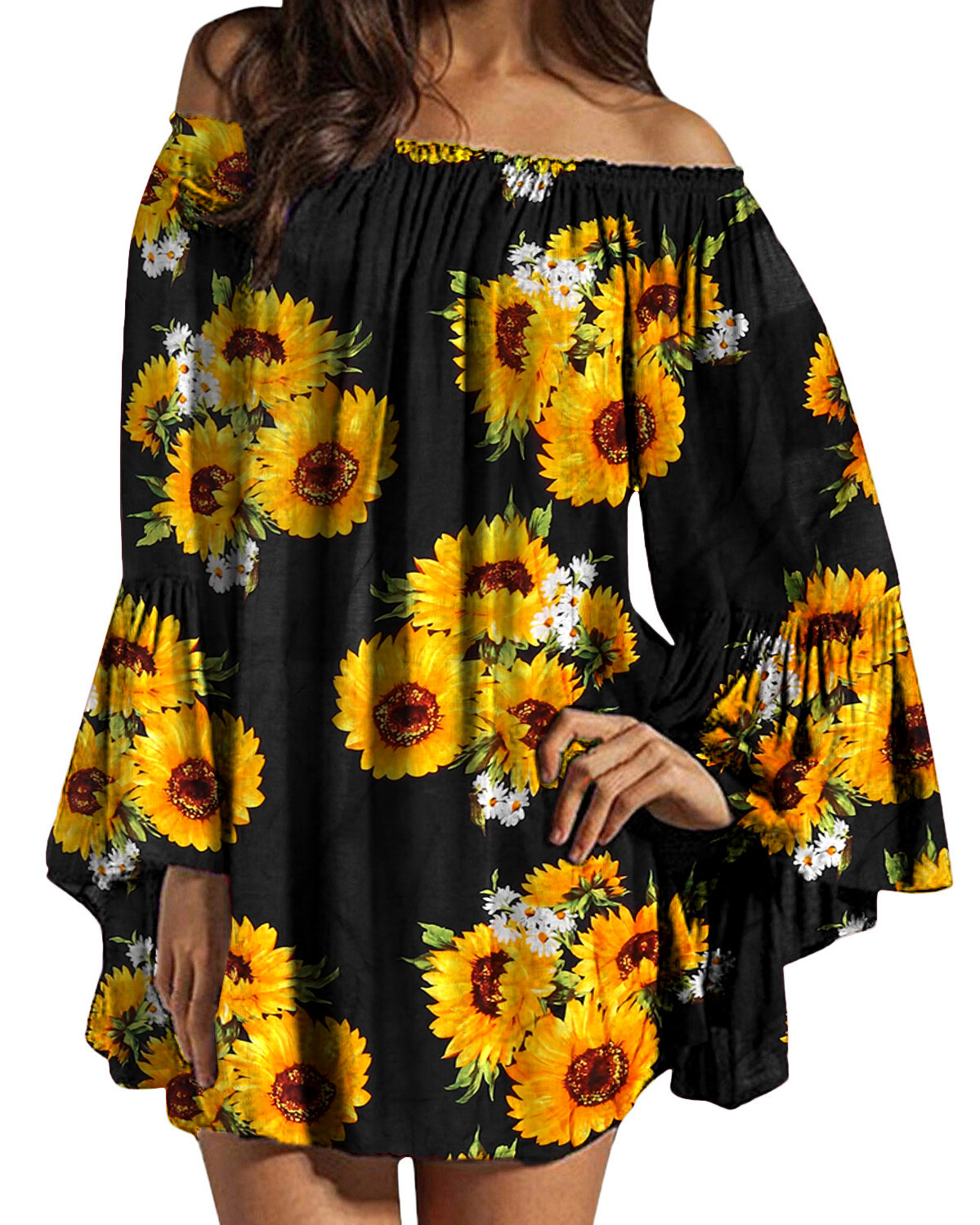 Dames off shoulder bloemenprint ruches mouw blouse mini-jurk