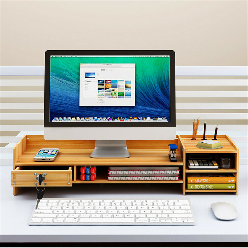 Multifunctionele Desktopmonitorstandaard Computer Laptop Scherm Riser Houten Plank Bureau Opslag Houder met Slot