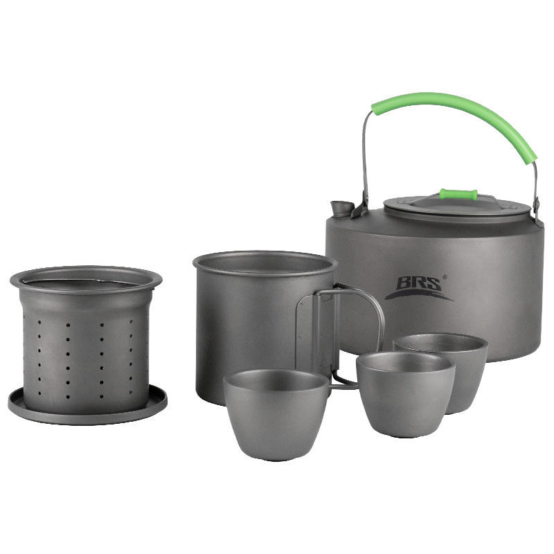 Weihnachtsgeschenk: BRS TC02 Pure Titanium Tee-Set mit 7 Teilen - Wasserbecher, Untertasse, Teesieb, Tasse und Teekanne.