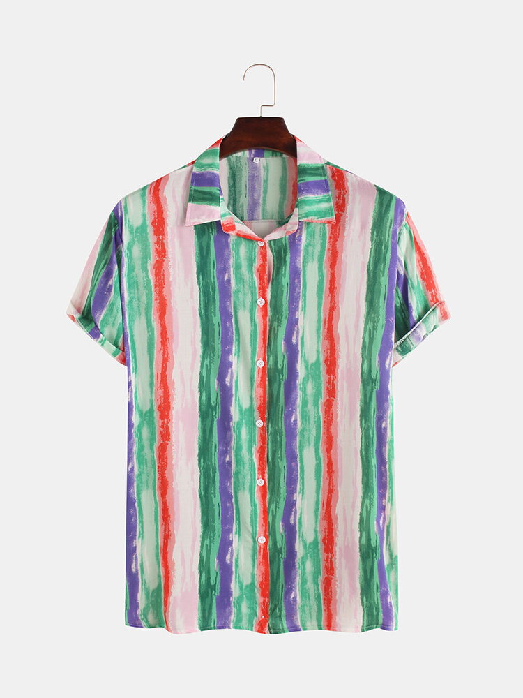Mens multi color stripe printing short sleeve casual shirts Sale ...