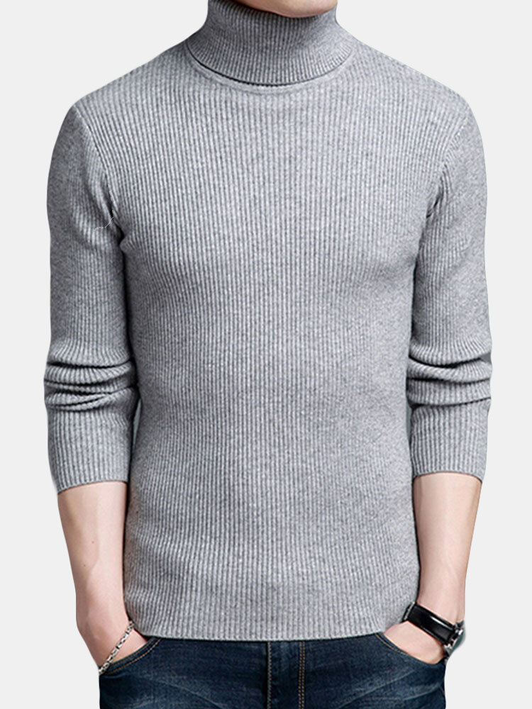 Men's wool blended turtleneck sweater solid thick slim british style ...