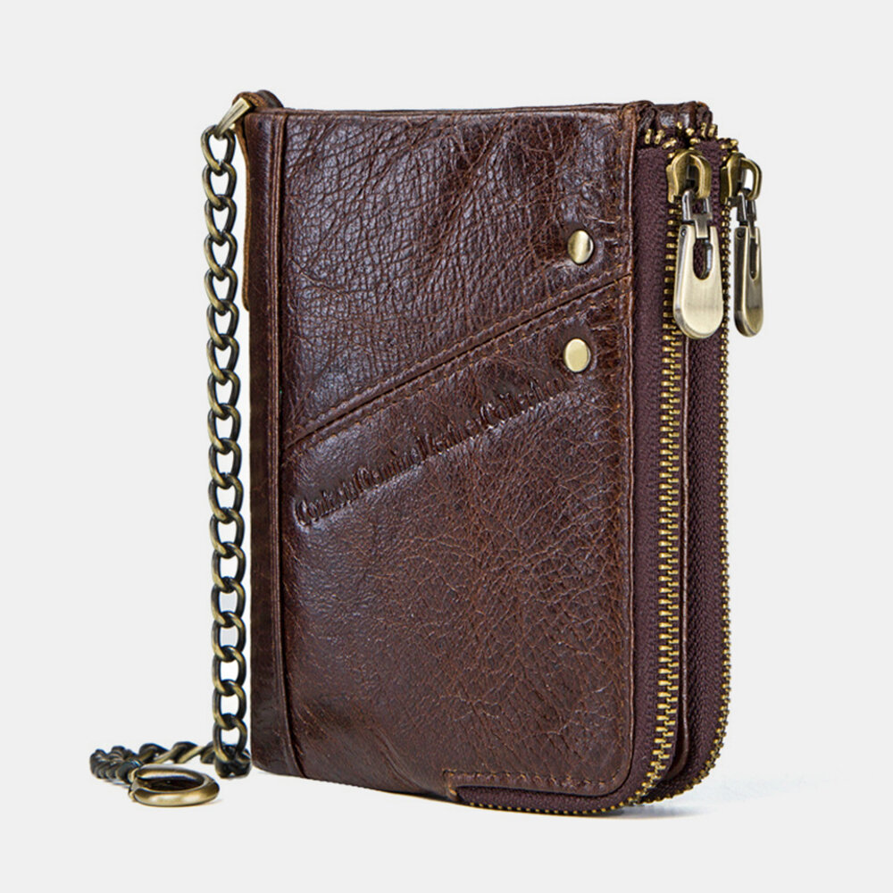 

Men Genuine Leather RFID Blocking Anti-Theft Vintage Zipper Coin Bag Card Holder Chain Wallet