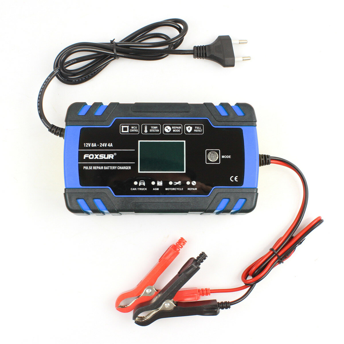 

FOXSUR 12V 24V 8A 4A Touch Screen Pulse Repair LCD Battery Charger Blue For Car Motorcycle Lead Acid Battery Agm Gel Wet