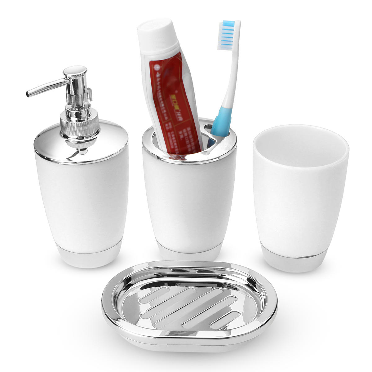 4Pcs Plastic Bathroom Set Cup Toothbrush Holder Soap Dish Dispenser Bottle Washroom Accessories
