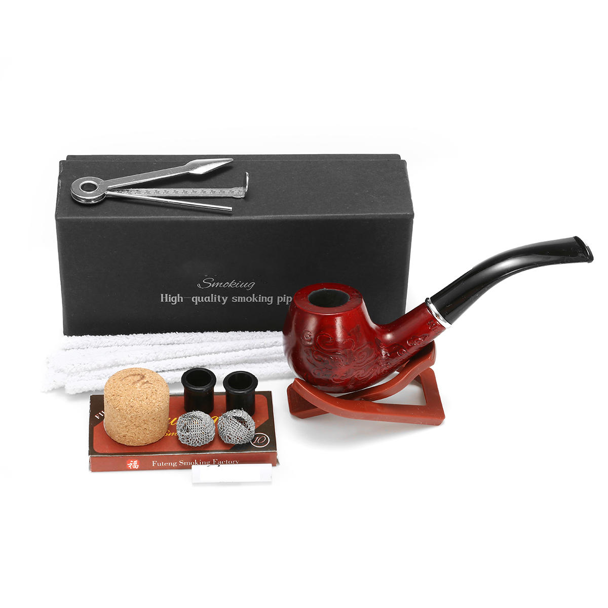Stainless Steel Red Wood Tobacco Pipe Cleaning Tool 3 in 1 & Foldable Stand Set