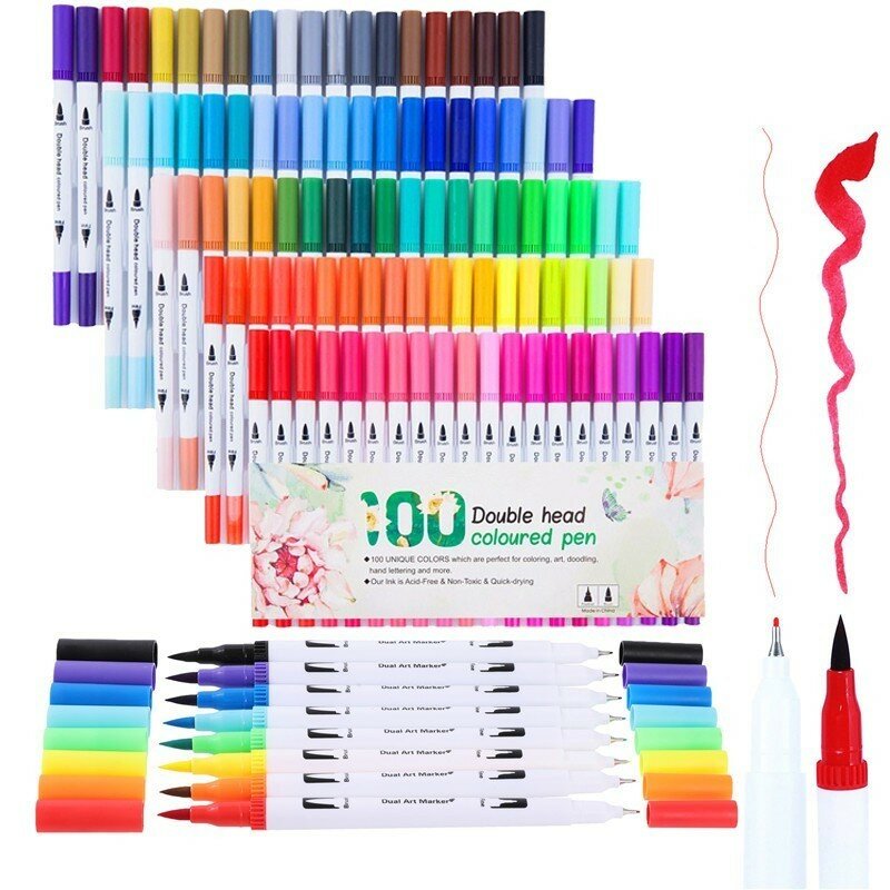 

48/60/80/100 Pcs Colors Dual Head Brush Colored Pens Fine Liner Drawing Painting Watercolor Marker Pen School Art Suppli
