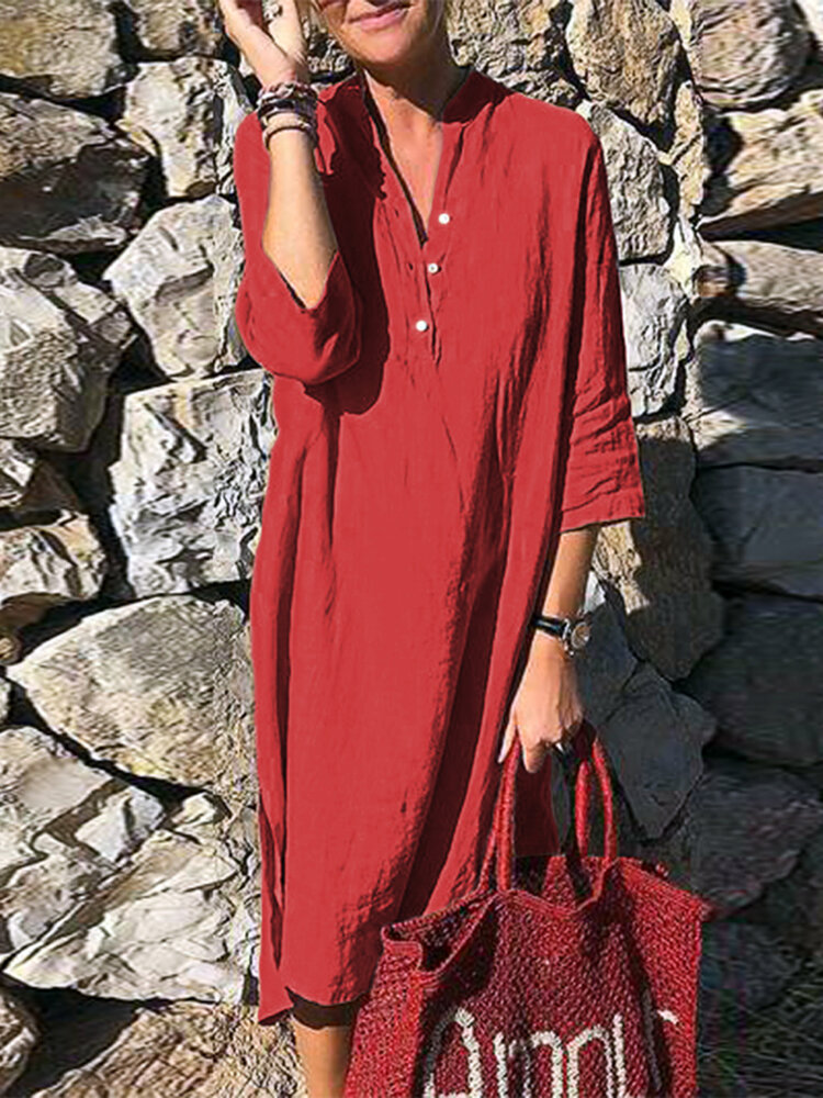 women pure color button down v-neck 3/4 sleeve dress at Banggood