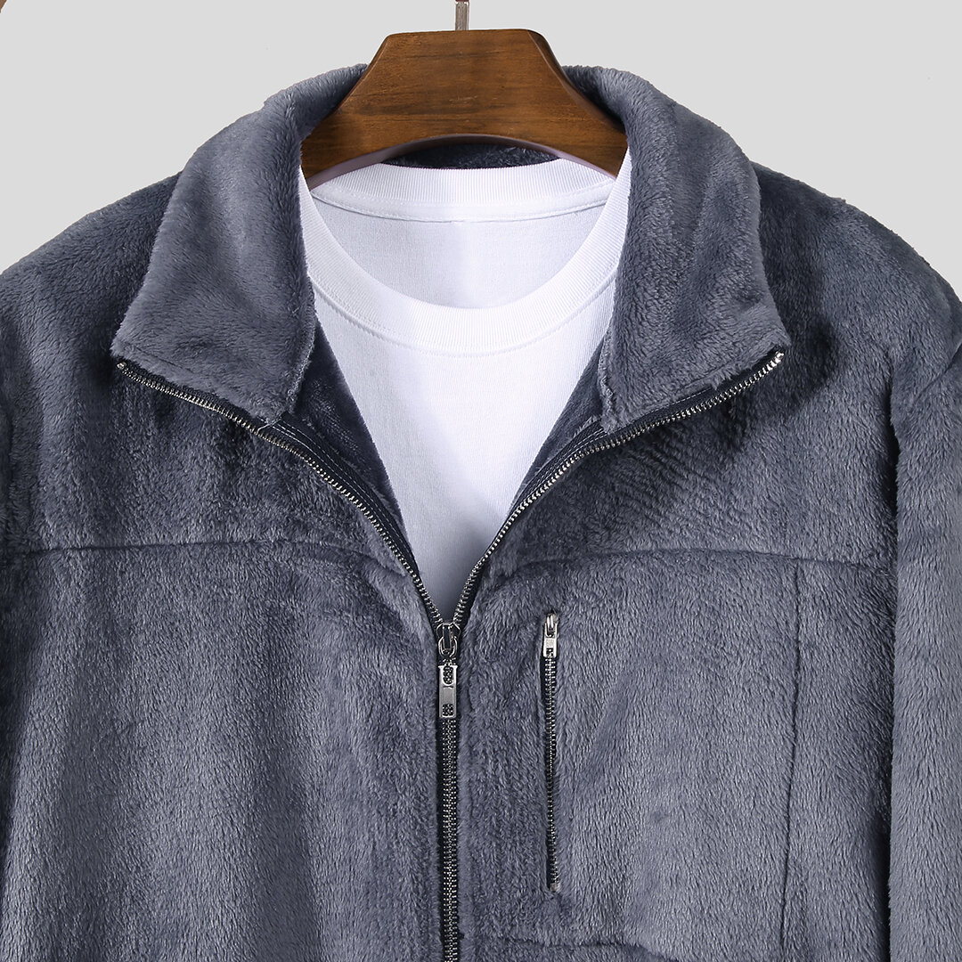 Mens plush pure color chest pocket long sleeve casual jacket Sale ...