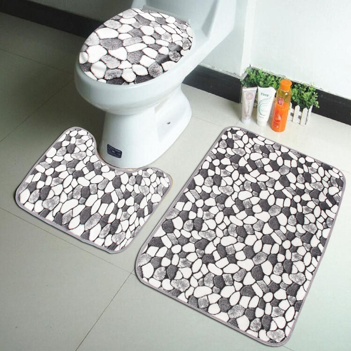 3PCS/Set Pattern Non-Slip Bathroom Pedestal Lid Mat Soft Bath Mat Toilet Rug Set 