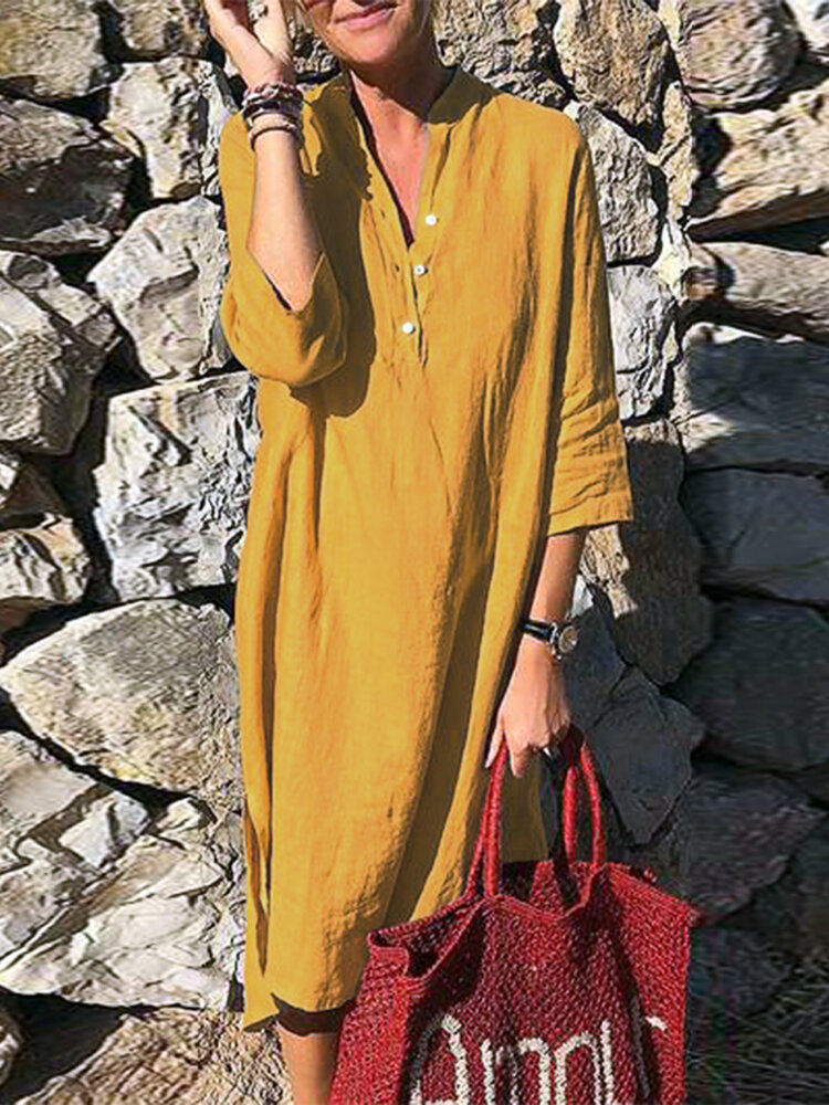 women pure color button down v-neck 3/4 sleeve dress at Banggood