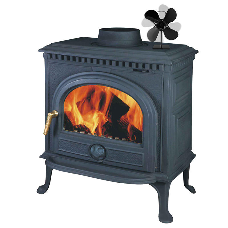 Chimenea negra de 4 aspas y 4 potencias alimentadas por calor, ventilador para estufa de leña ecológico, silencioso y eficiente en la distribución de calor en el hogar.