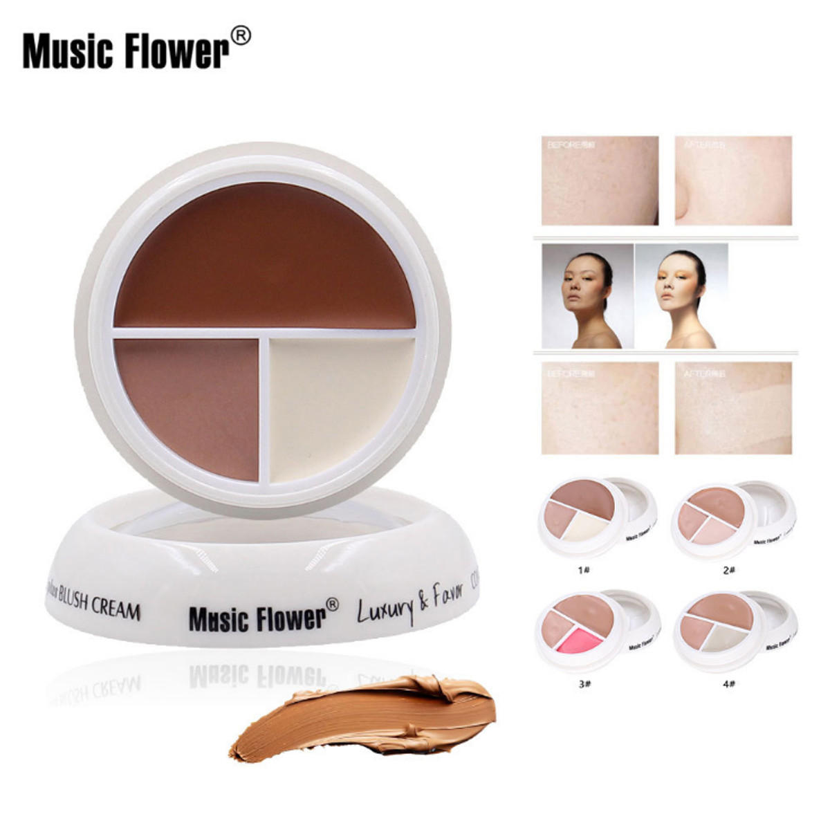 usic Flower Full Cover 3 In 1 Press Concealer Cream Face Smooth Waterproof Sweat-proof Long-lasting 