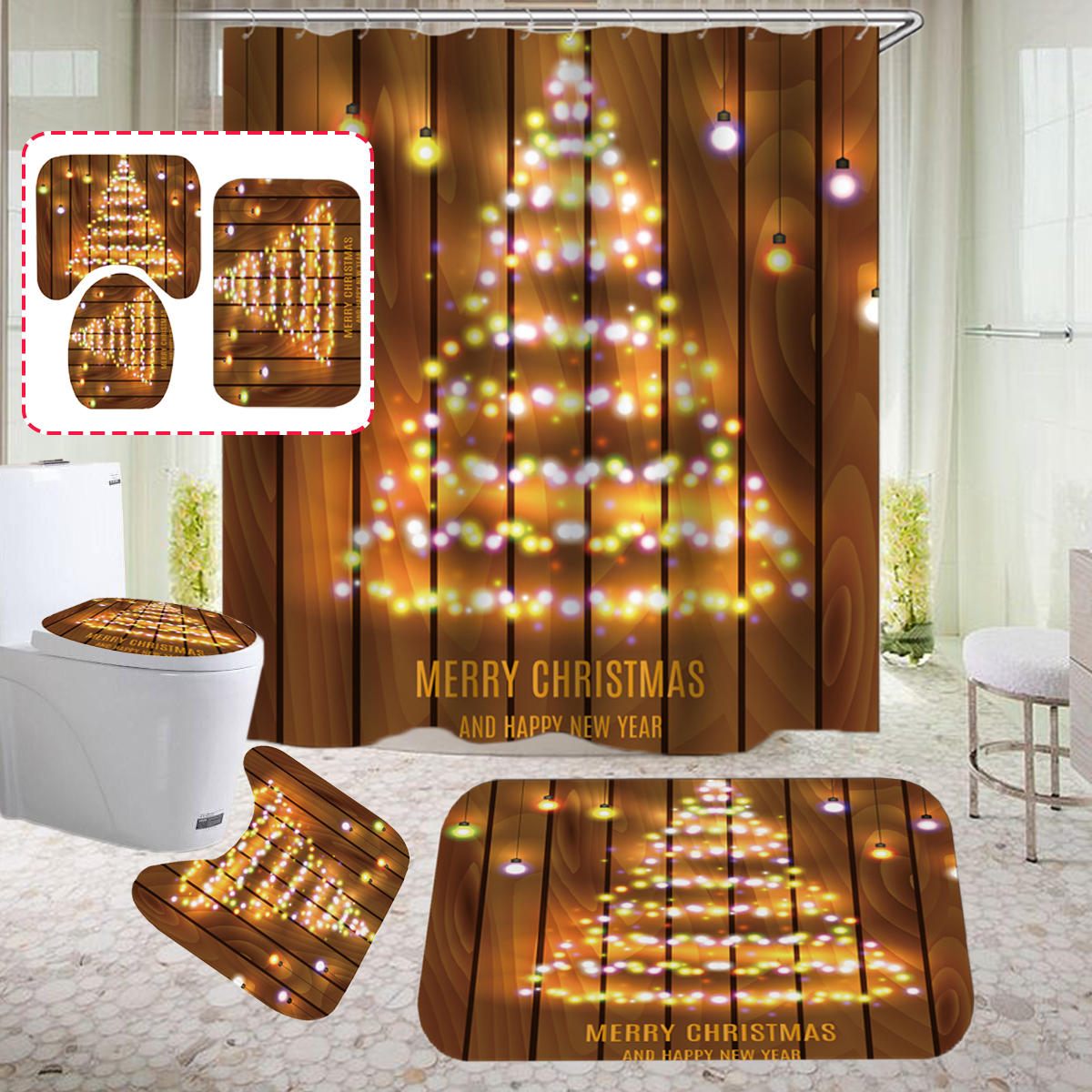 Houten strip kerstboom badkamer douchegordijn antislipmatten wc-cover