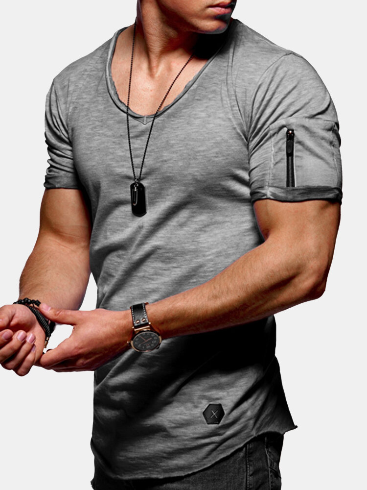 Mens zipper design breathable solid color o-neck short sleeve t-shirts ...