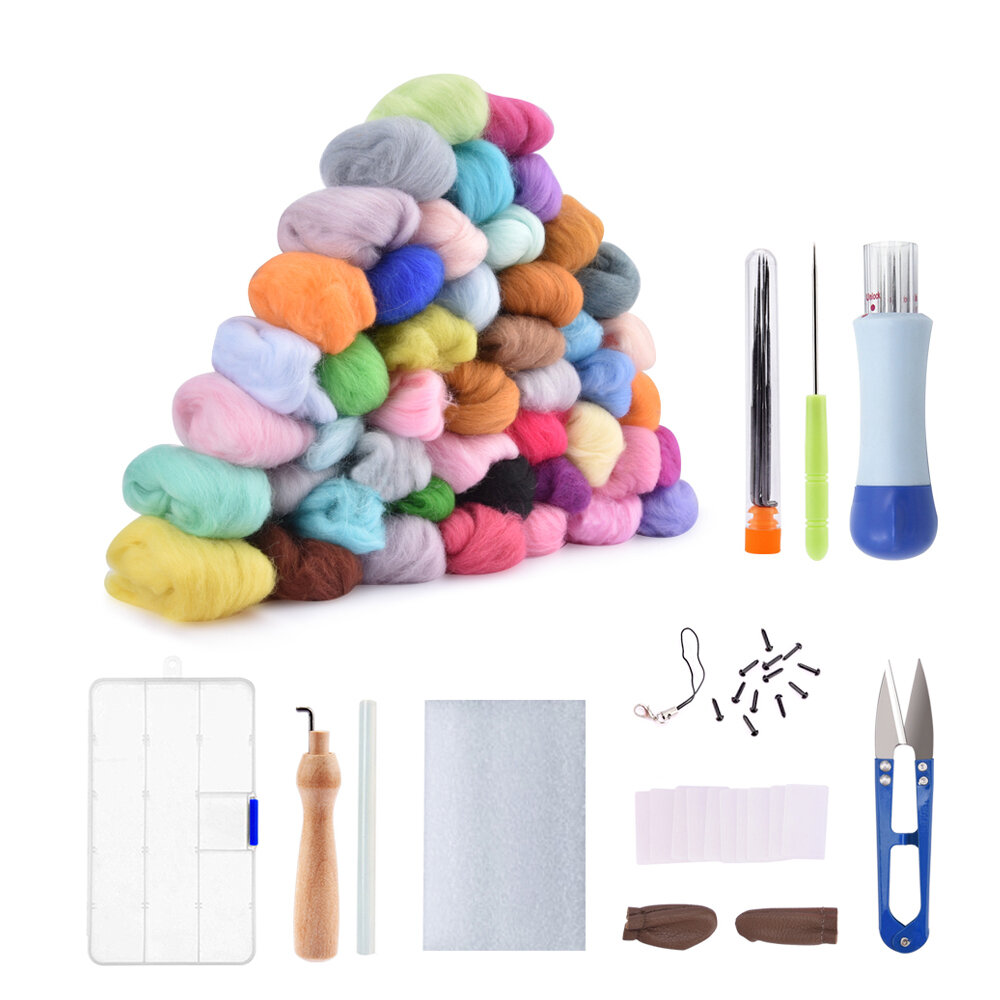 50 Color DIY Wool Felt Kit Needles Tool Set Handmade Needle Felting Mat Starter Fabric Sewing Kit w/ Felting Handle Clov