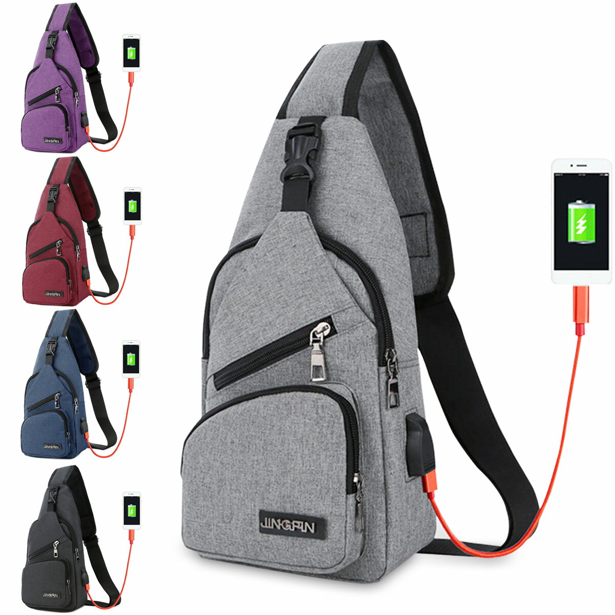 Fashion Canvas Bag Sport Chest Pack USB Charging Crossbody Shoulder Bag
