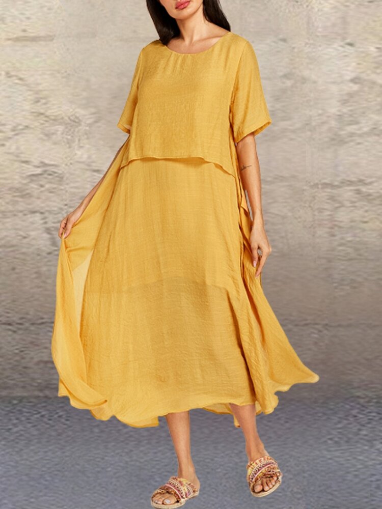 Solid color o-neck layered short sleeve casual dress Sale - Banggood.com
