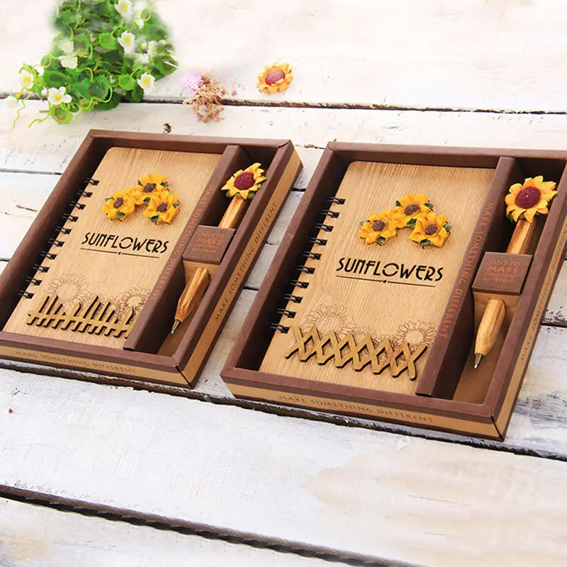 Creative wooden cover notebook vintage notepad journal diary office school supplies