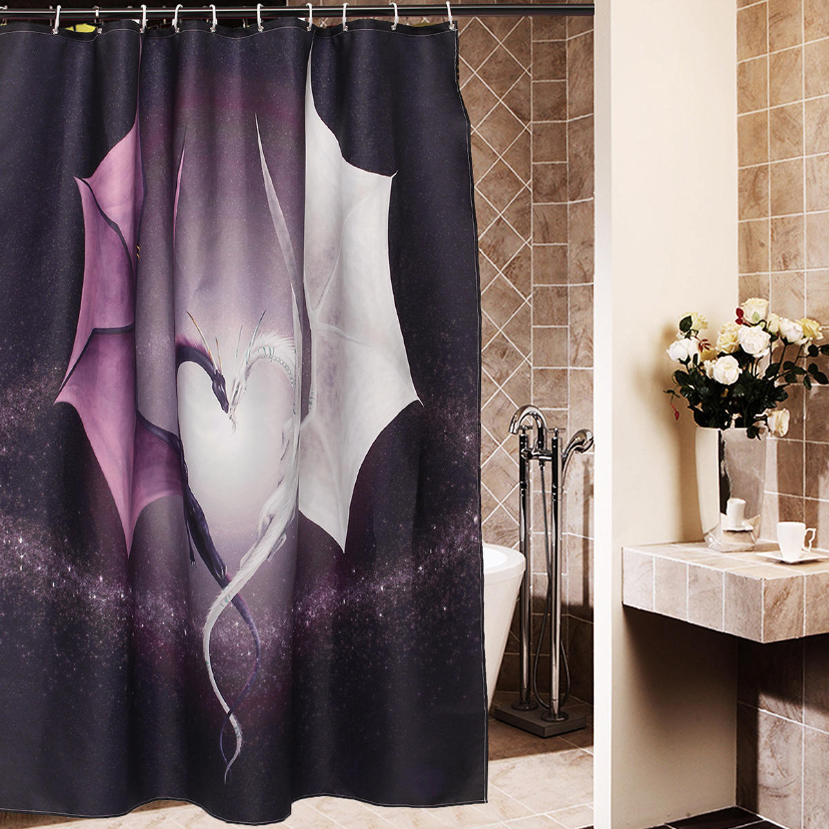 Aangepaste nieuwe populaire print Dragon waterdichte badkamer douchegordijn volant met 12 haken
