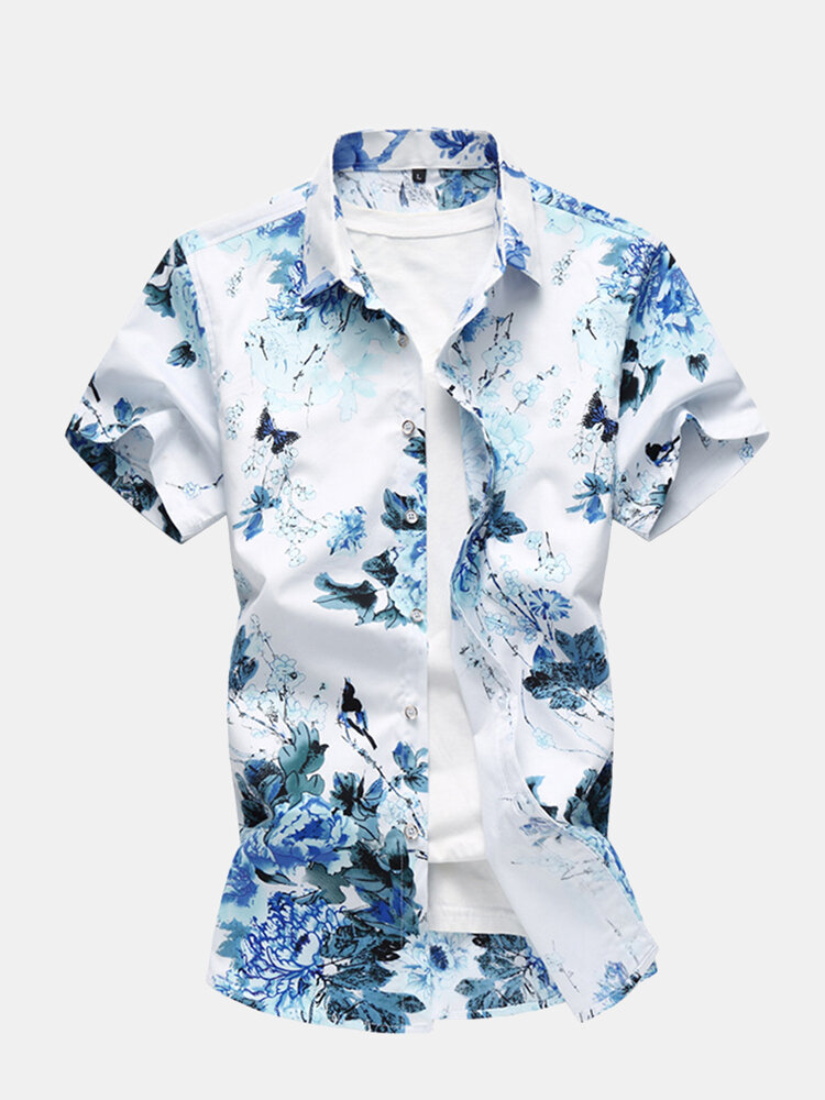 Mens floral shirt Hawaii style holiday casual short-sleeved shirt - US ...