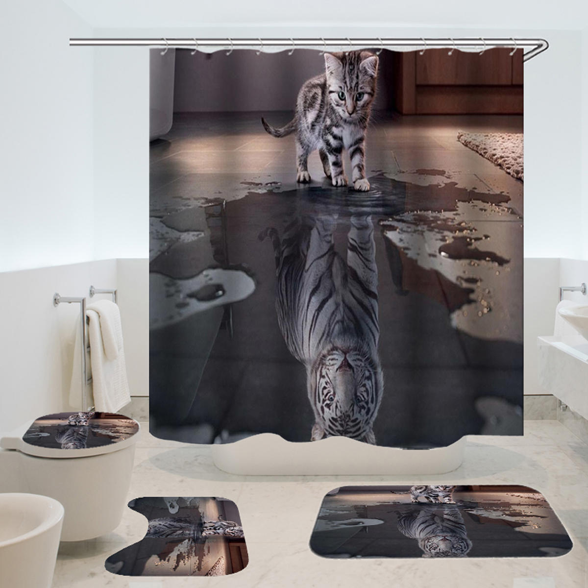 Kat met tijgerhart Badkameraccessoires Meeldauw Waterdicht douchegordijn 3-delige toiletmatten tapij