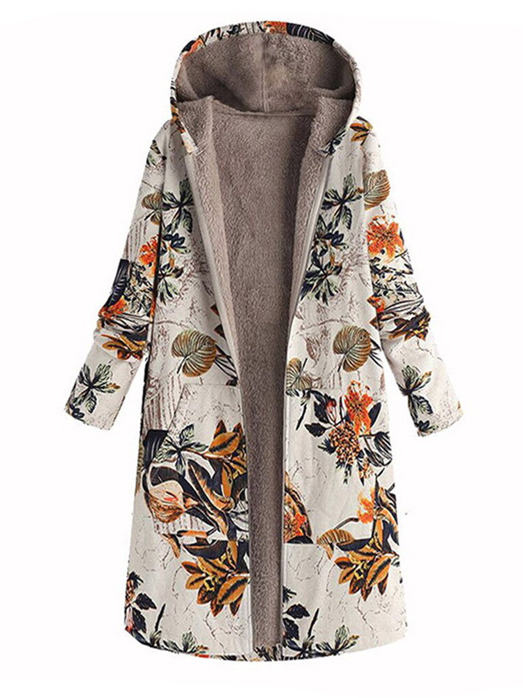 Women leaves print long sleeve hooded fleece maxi coats jacket Sale ...
