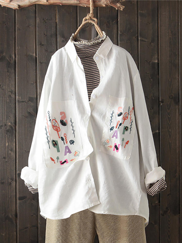 Women Casual Loose Collared Cotton Blouse Floral Embroidery Shirts