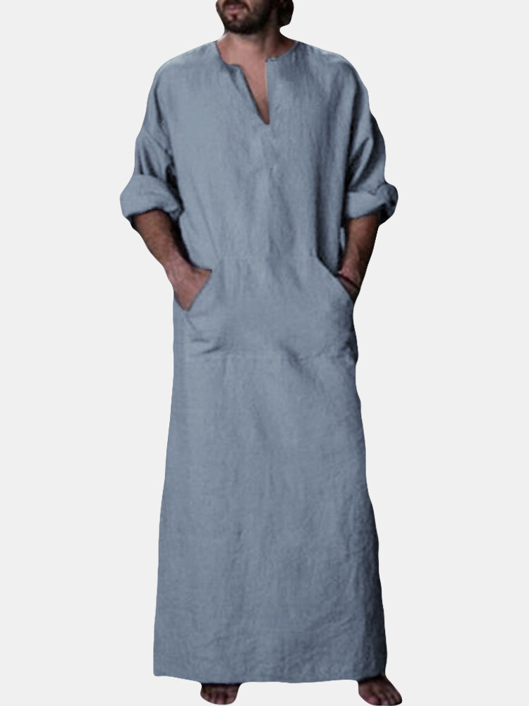 INCERUN Vintage Loose Comfy Cotton Kaftan Tops Plue Size Long Robe Loungewear Tunics for Men