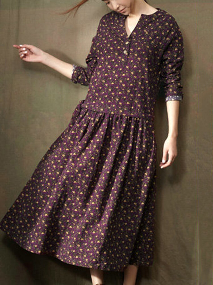Image of Vintage Floral bedruckte elastische Taille Damen Kleid