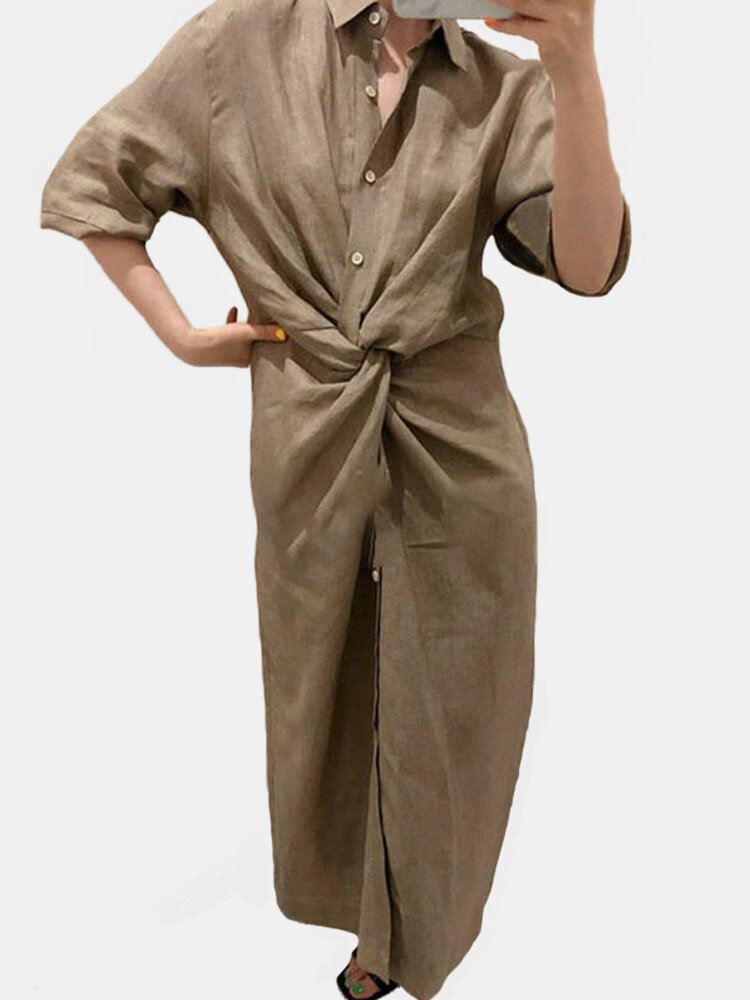 Solid Color Long Sleeve Button Knot Plain Shirt Long Maxi Dress